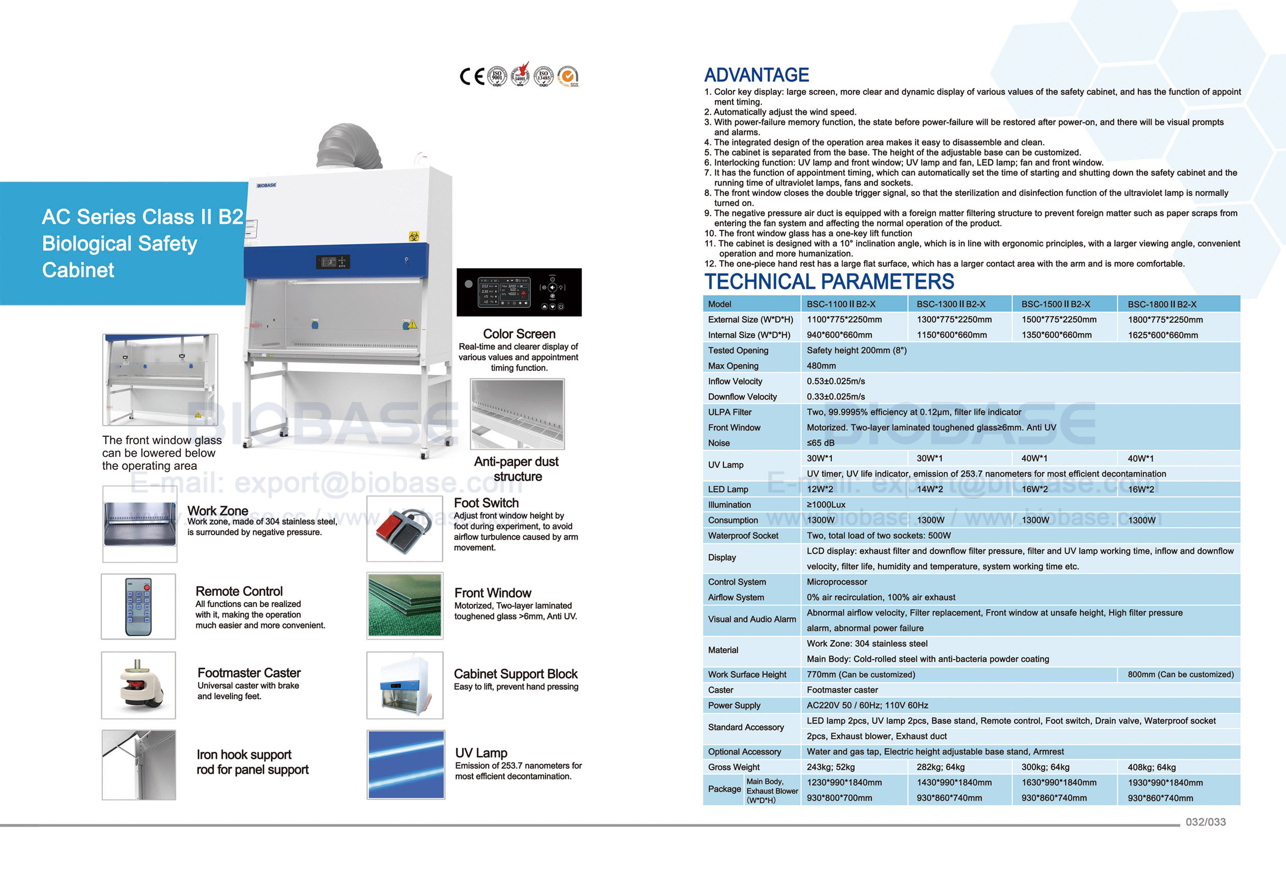 32-33 ACシリーズクラスII B2生物学的安全キャビネットBSC-1100 II B2-X&BSC-1300 II B2-X&BSC-1500 II B2-X&BSC-1800 II B2-X