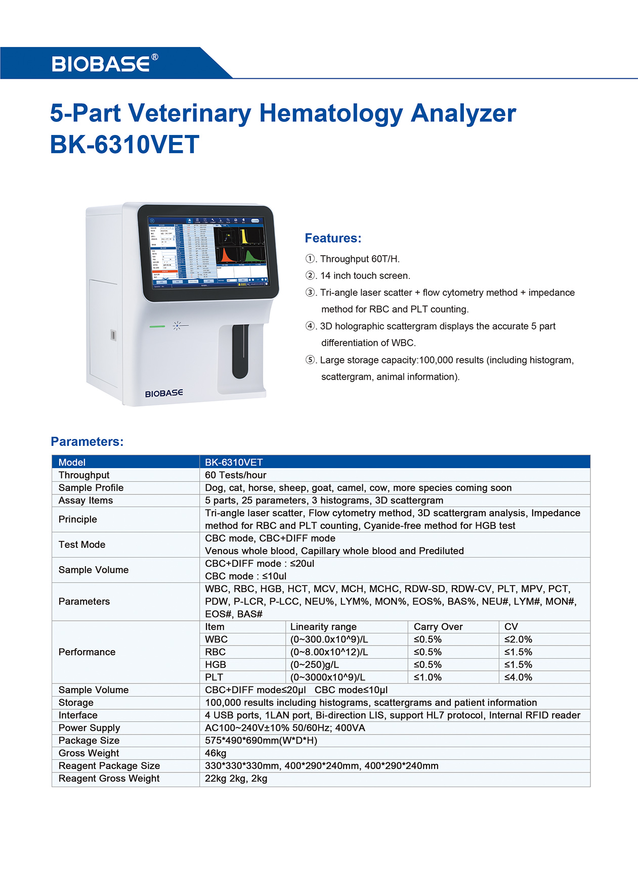 5 部構成動物用血液分析装置 BK-6310VET